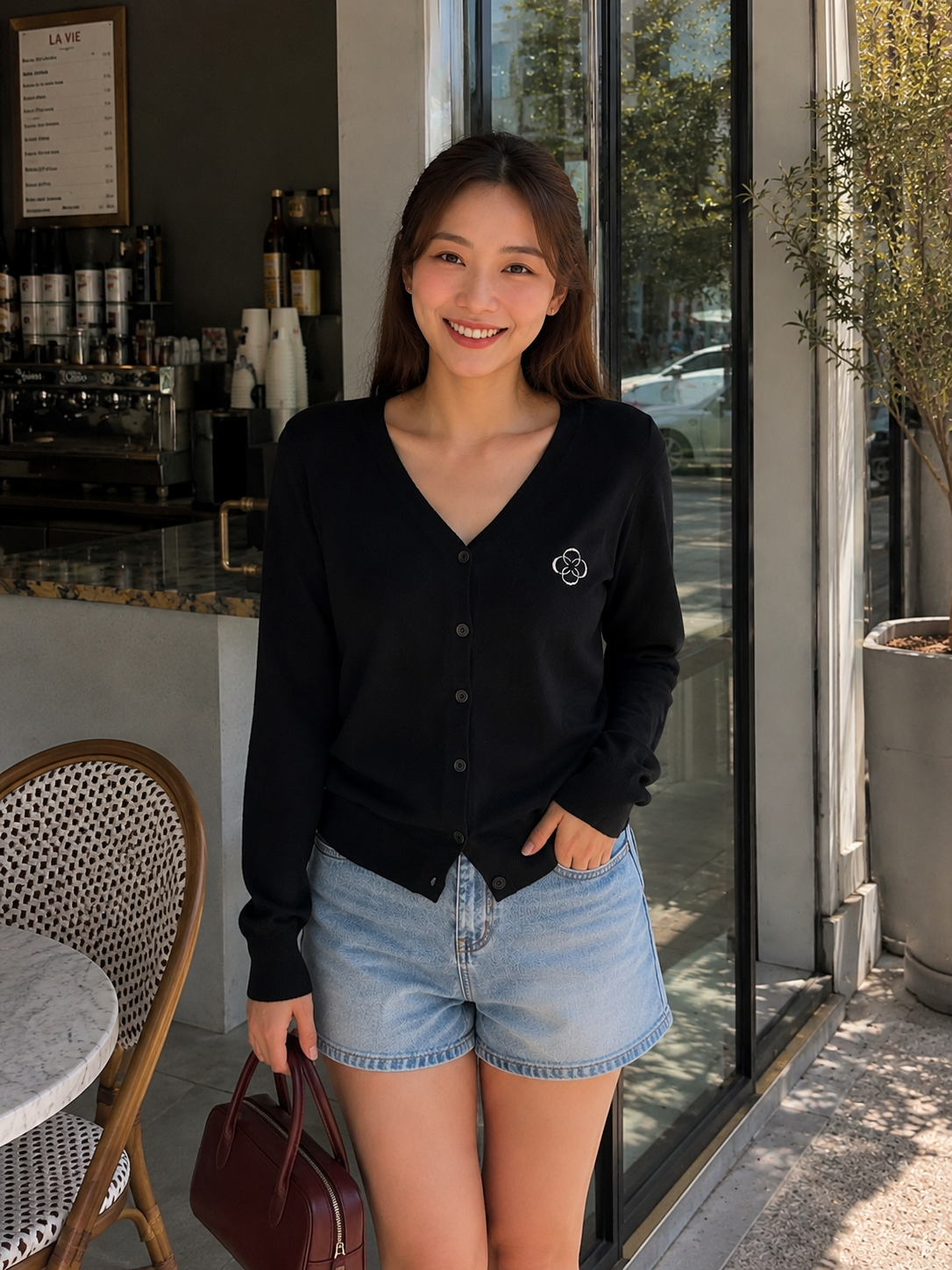 Mela Vneck Button Knit Cardigan - Black
